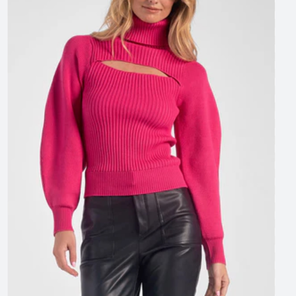 Elan Cutout Pink Turtleneck Sweater Ribbed Knit | S